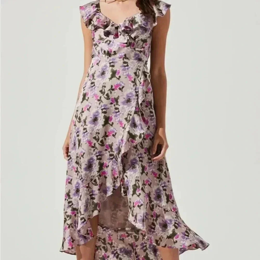 ASTR THE LABEL WRAP WILSHIRE RUFFLE OPEN BACK FLORAL MIDI DRESS‎ SIZE M